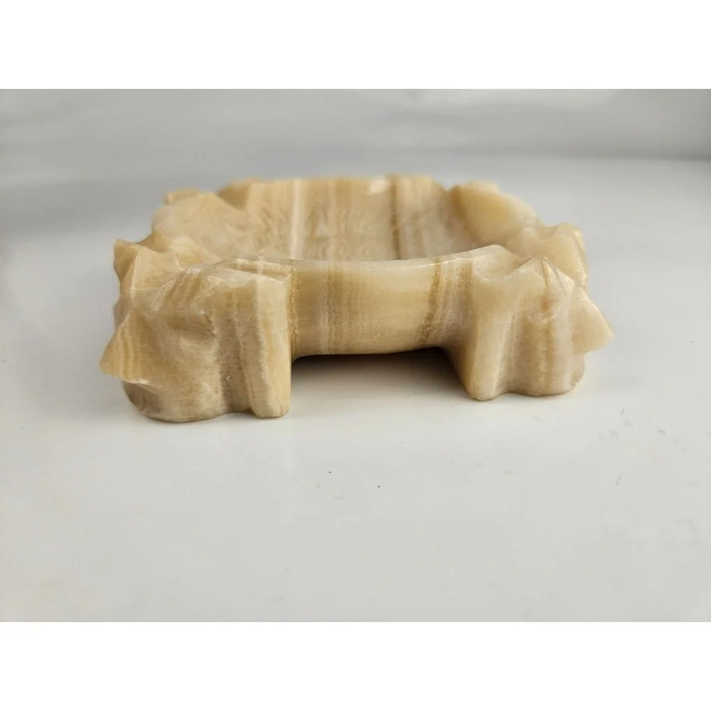 Vintage Carved Onyx Stone‎ Trinket Dish Aztec Motif Catch All